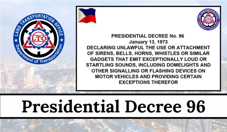 Presidential Decree 96: Unauthorized Use of Sirens, Bells, Horns, Whistles, Domelights Etc